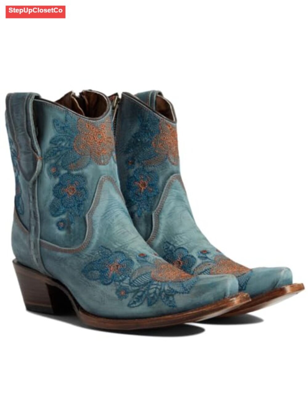 Floral Embroidered Snip Toe Leather Ankle Boots